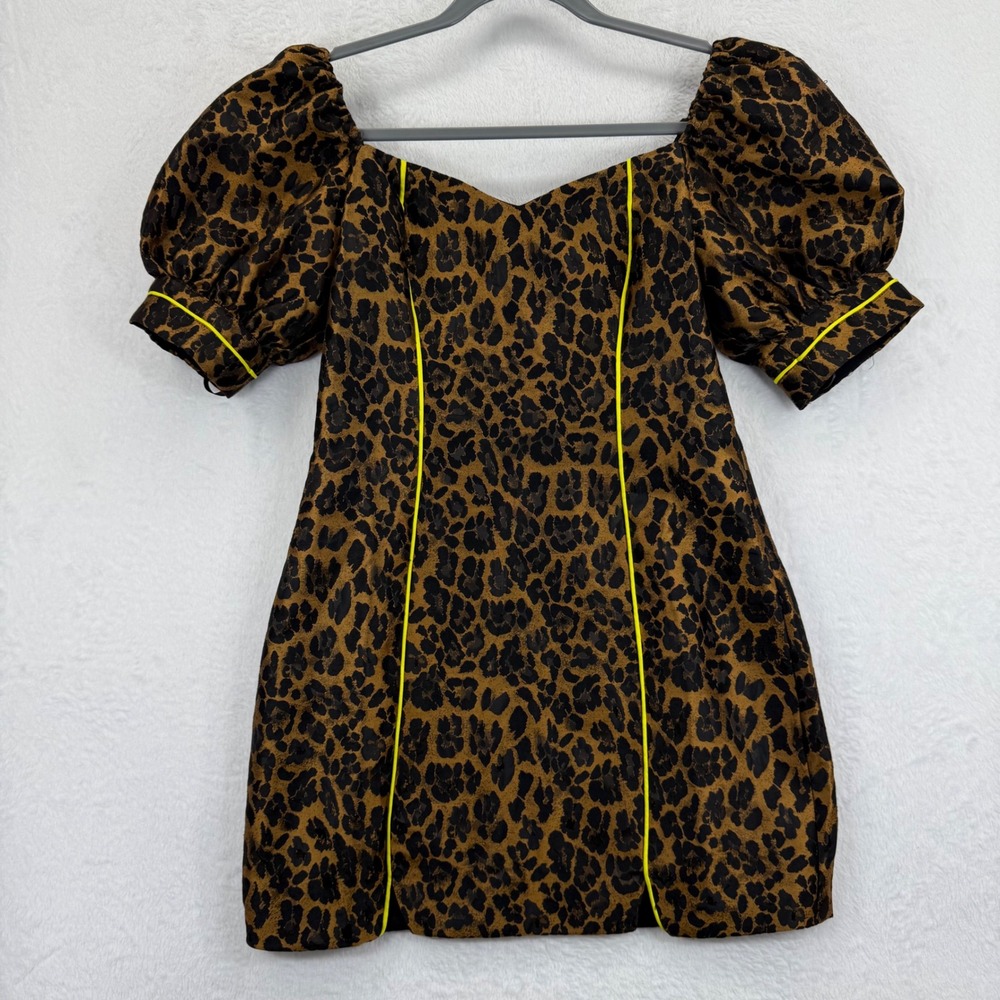 For Love & Lemons Leopard Print Mini Dress Puff Sleeve Yellow Trim‎ S